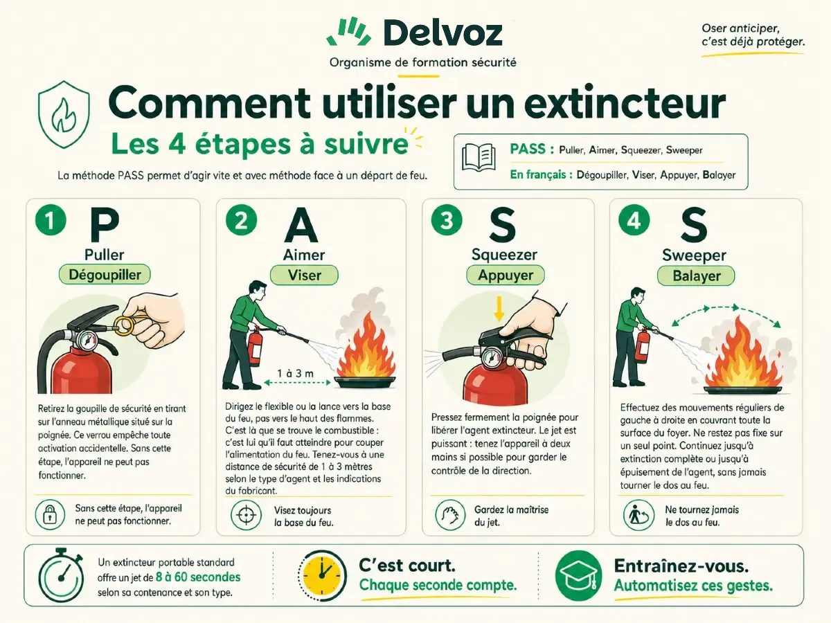 Infographie expliquant les 4 étapes d'utilisation d'un extincteur : Dégoupiller, Viser, Appuyer, Balayer (P A S S) avec illustrations et texte explicatif en français.