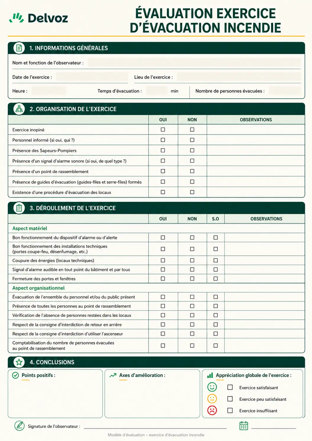 Formulaire d'évaluation d’exercice d’évacuation incendie avec sections générales, organisation, déroulement et conclusions et cases Oui/Non